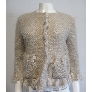 Neera 20.52 oatmeal beige wool-blend knit fringed cardigan sweater sz 40/6